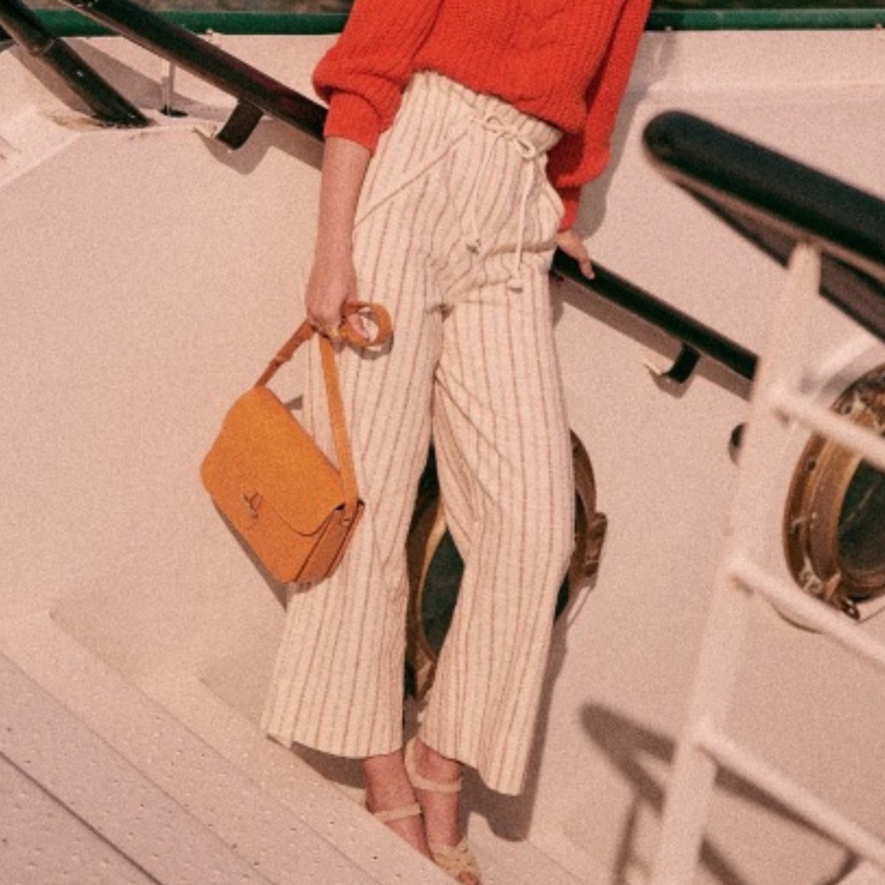 SEZANE Ecru Cream Tan Striped Wide Leg Pants Organic Cotton Jacques Trousers